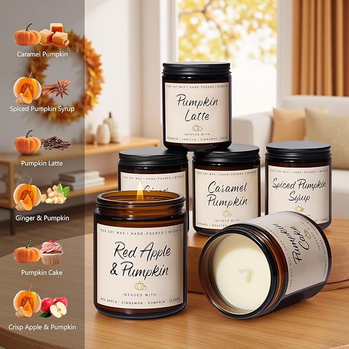 Auelife Fall Scented Candles - Pumpkin Candle Set of 6 | Ginger, Apple, Cake, Caramel, Latte & Spiced Pumpkin Soy Candles | Autumn Candle for Home Décor & Gifts for Women, Cozy Fall Aromatherapy - Bloomnest