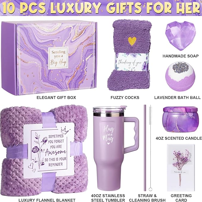 Birthday Gifts for Women Self Care Get Well Soon Gifts, Lavender Relaxing Spa Bath Gift Basket Care Package w/ Flannel Blanket 40 OZ Tumbler, Valentines Day Gift for Her Wife Girlfriend Mom Grandma