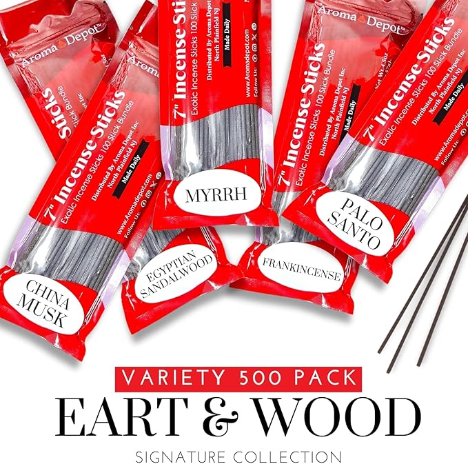 Aroma Depot Earth & Wood Vibes 7'' Incense Sticks - Variety Set 500 Pack - 7 inch - 5 Bundles 100 Sticks Per Scent. Set Features China Musk, Egyptian Sandalwood, Frankincense, Myrrh, Palo Santo