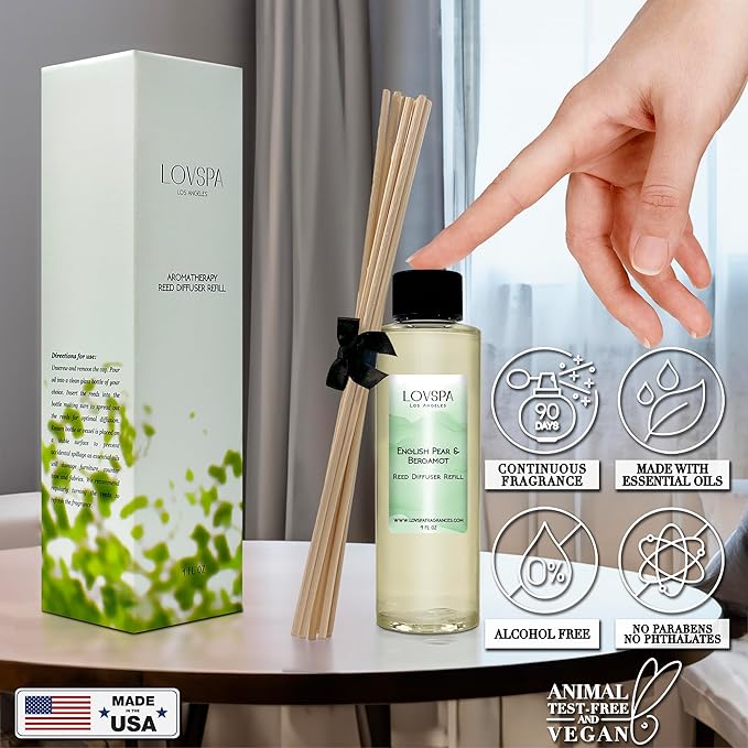 LOVSPA English Pear & Bergamot Diffuser Oil - Luxury Essential Oils for Diffuser Refill & Air Freshener Room Spray - Long-Lasting & Natural Home Fragrance, Scented Oil for Diffusers, USA Made, 4oz - Bloomnest