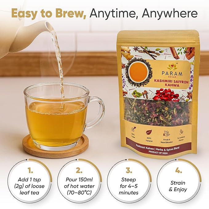 Param Kesar Organic Saffron Cardamom Cinnamon Herbal Green Tea | Detox & Digestive Support | Aromatic Indian Spice Blend with Rose & Licorice | 100g Loose Leaf Tea - Bloomnest