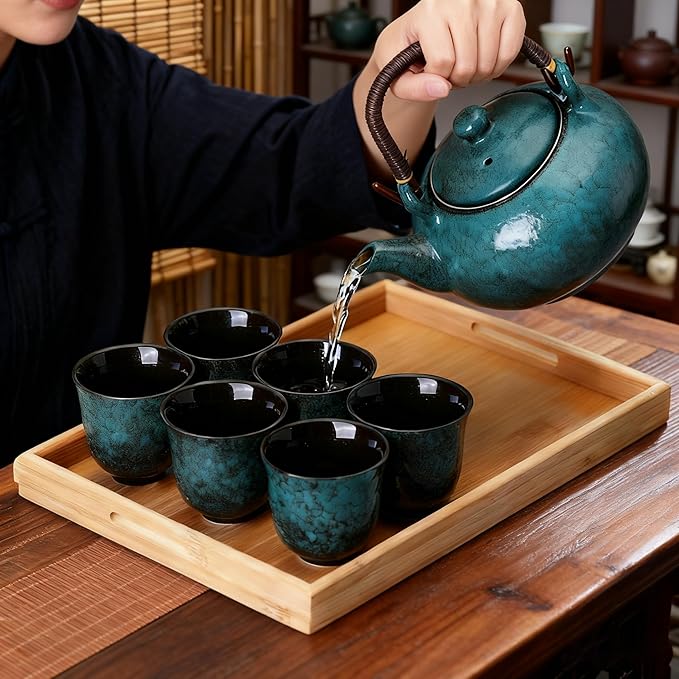 KEYDUACU Japanese Tea Set, Ceramic Tea Set, Plum Blossom Embossed, Teapot, 6 Teacups, Tea Tray, Strainer, Home, Outdoor, Gift, Chinese Kung Fu Tea Set (Pine Green) - Bloomnest