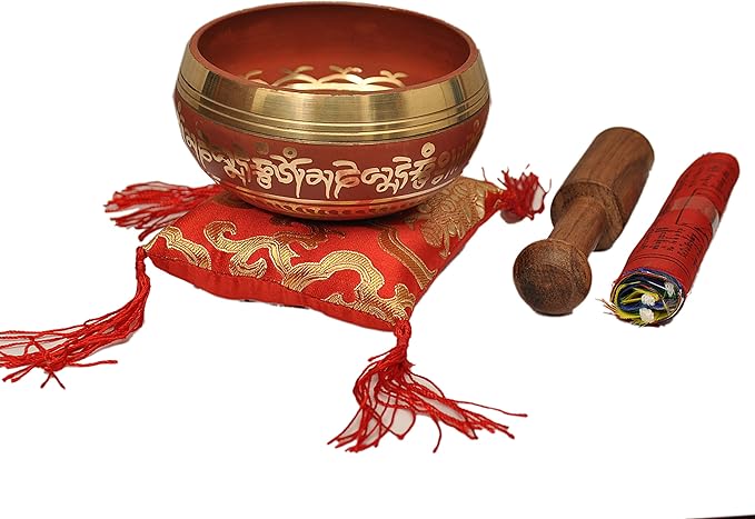 Tibetan Singing Bowl Set By Dharma Store - With Traditional Design Tibetan Buddhist Prayer Flag - Handmade in Nepal (Red) Dharma+Store