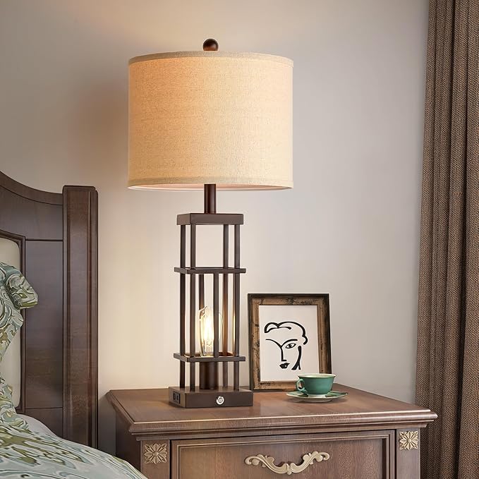 29.5" Table Lamps for Living Room Set of 2, Farmhouse Table Lamps with USB C+A Ports, Touch Control Bedside Lamps with Oil Rubbed Bronze Finish, Bulbs Included - Bloomnest