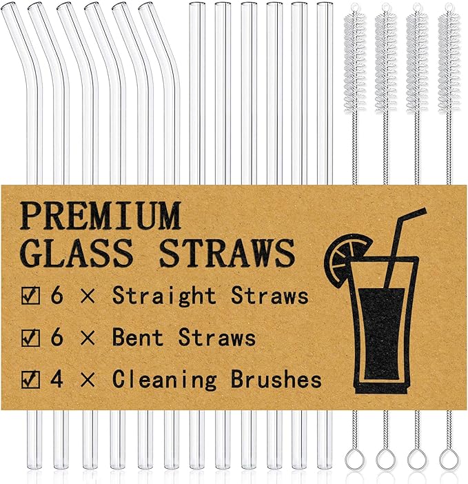 Piteno® 16-Pack Reusable Glass Straws Set, Clear Glass Drinking Straws, 8.5''x10MM, Set of 6 Straight and 6 Bent with 4 Cleaning Brushes, Perfect for Smoothies, Milkshakes, Juice, Tea Piteno
