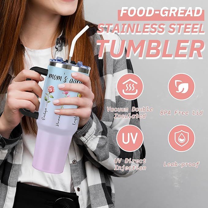 Personalized Birth Flower Tumbler with Handle and Straw Lid, Custom 40oz Cup with Name for Women, Mothers Day Birthday Gifts From Daughter, Stainless Steel Travel Coffee Tumbler, Gifts for Christmas - Bloomnest