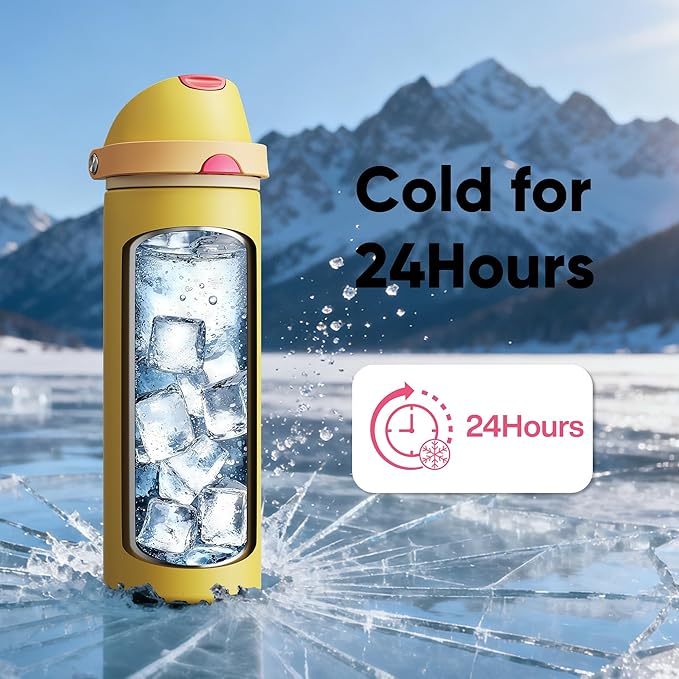 Insulated Water Bottle with Straw - Encool Stainless Steel Water Bottle with Push Button Lid, Leak-Proof & BPA-Free, Keeps Cold for 24 Hours for Sports, Travel, Gym (24 oz, Ginger) ENCOOL