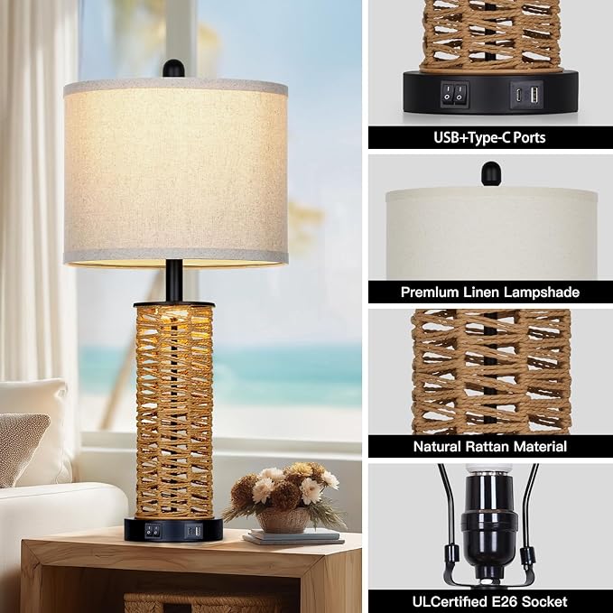 27" Boho Rattan Table Lamps Set of 2, Coastal Bedside Lamp with Night Light, Woven Wicker Bedroom Nightstand Lamps with USB A+C Charging Port, Tall Farmhouse Lamp for Living Room End Table - Bloomnest