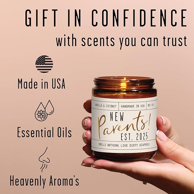 New Parents Gifts for Couples - 'New Parents Est 2025' Candle, w/Coconut, Vanilla I Mom and Dad Gifts for New Parents After Birth I First Time Parents Gift I Expecting Parents I 50 Hr Burn, USA Made - Bloomnest