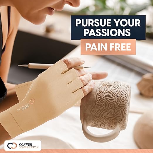Copper Compression Arthritis Gloves | Fingerless Arthritis Carpal Tunnel Pain Relief for Men & Women | Hand Support Wrist Brace for Neuropathy, Rheumatoid, Tendonitis, Swelling, Crocheting Nude (S) - Bloomnest