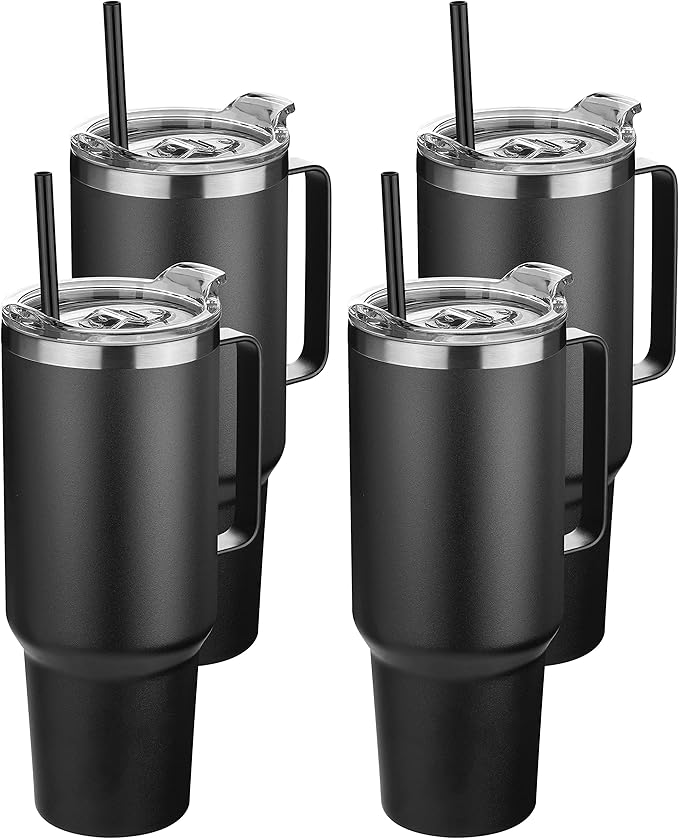 HASLE OUTFITTERS 40 oz Stainless Steel Tumbler with Handle, Vacuum Insulated Tumblers Bulk, Reusable Double Wall Travel Coffee Mug, Durable Powder Coated Water Bottles(Black, 4) - Bloomnest