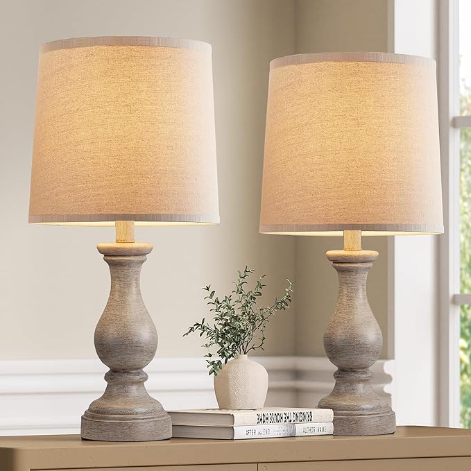Seealle Farmhouse Table Lamps Set of 2 - Rustic Lamp for Bedroom Living Room, 22" Boho Bedside Lamps for Night Stands End Table Office Desk Lamp Nightstand with Linen Shades(Wood Painted) - Bloomnest