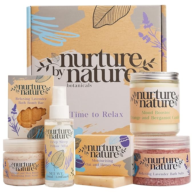 Nurture by Nature New Mom Gift Set - Self Care Gift Set with Body Scrub, Lavender Pillow Spray, Body Butter, Shower Gel & more - Vegan & Non GMO - Christmas Gifts for Mum & Wife, Baby Shower Gift Idea