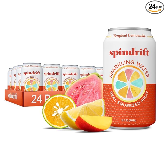 Spindrift Sparkling Water, Tropical Lemonade Flavored, Made with Real Squeezed Fruit, 12 Fl OZ Cans, Pack of 24 (Only 13 Calories per Can) - Bloomnest