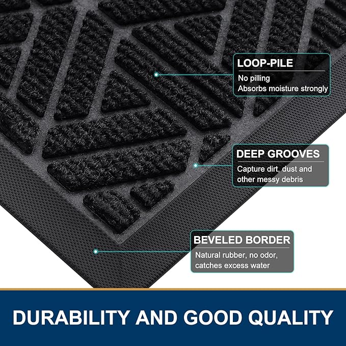Smiry Front Door Mat Outside Entrance, Heavy Duty Sturdy Natural Rubber Doormat, Trap Dirt and Moisture, Easy Clean Low Profile Mats for Indoor Outdoor Entry, Grid Geometric (47x24, Black) - Bloomnest