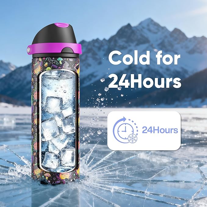 Insulated Water Bottle with Straw - Encool Stainless Steel Water Bottle with Push Button Lid, Leak-Proof & BPA-Free, Keeps Cold for 24 Hours for Sports, Travel, Gym (24 oz, Meowgic Night) ENCOOL