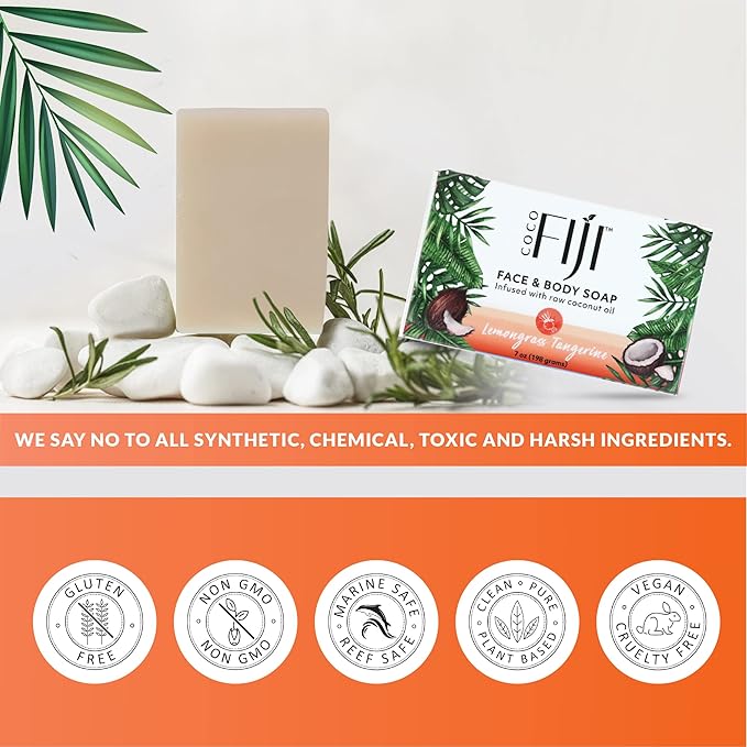 "Coco Fiji Soap Bar for Face and Body Infused With Organic Coconut Oil, Lemongrass Tangerine Essential Oil, Natural Soap for Moisturizing & Pore Purifying Skin, 7 oz, Pack Of 2 " - Bloomnest