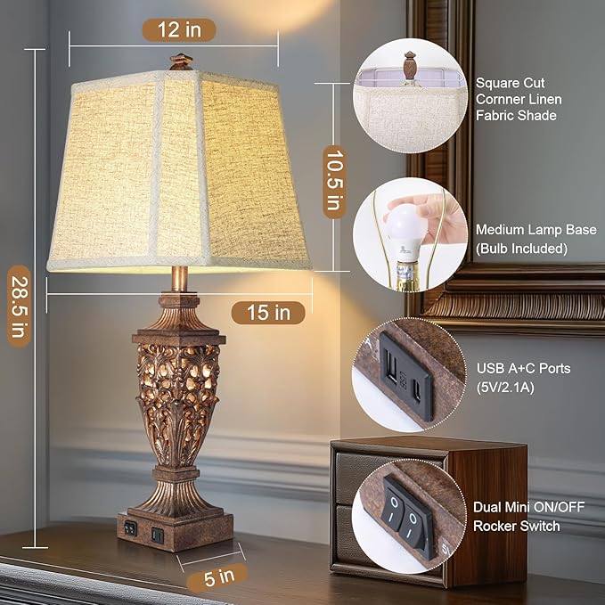 28.5" Vintage Bronze Table Lamps Set Of 2 with Night Light,Lamps for Nightstand with Beige Linen Cut Corner Shade,Bedside Lamp with USB A+C Ports for Bedrooms,Living Room,Office,Hotel(Bulb Included) - Bloomnest