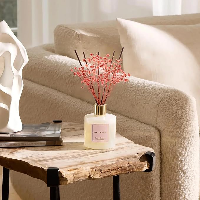 COCORRÍNA Reed Diffuser - Cherry Blossom 6.7 Fl.oz Reed Diffuser Set with Sticks & Preserved Baby's Breath, Reed Diffuser for Home Bathroom Shelf Decor - Bloomnest