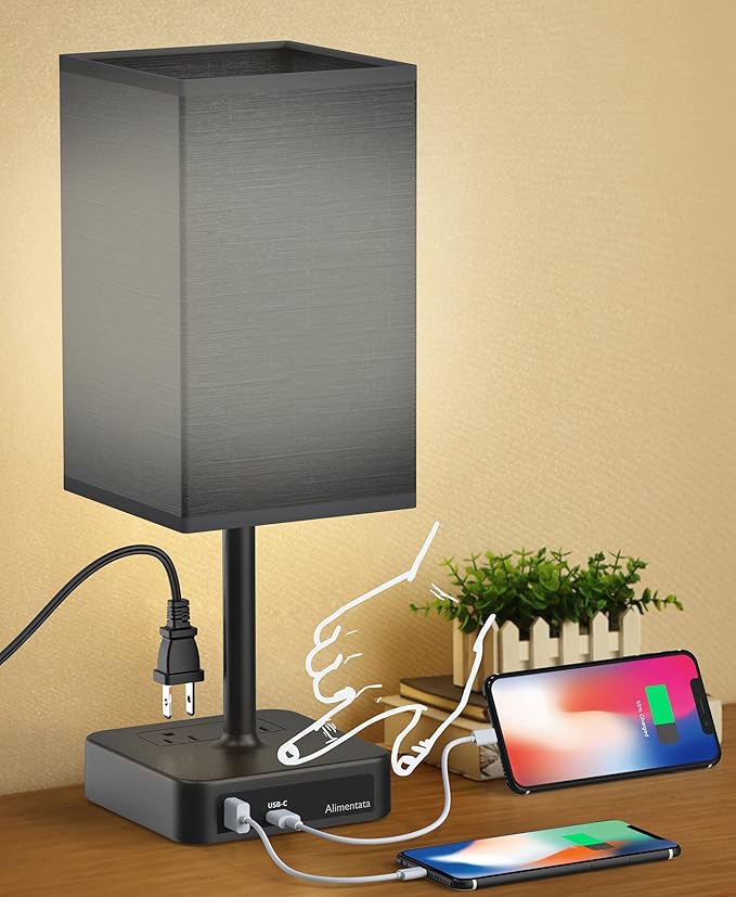Bedside Table Lamp with Touch Control & USB C+A Charging Ports LED Desk Lamp with 2 AC Outlets, Minimalist Nightstand Light with Black Fabric Shade for Bedroom, Living Room, Office, Black - Bloomnest