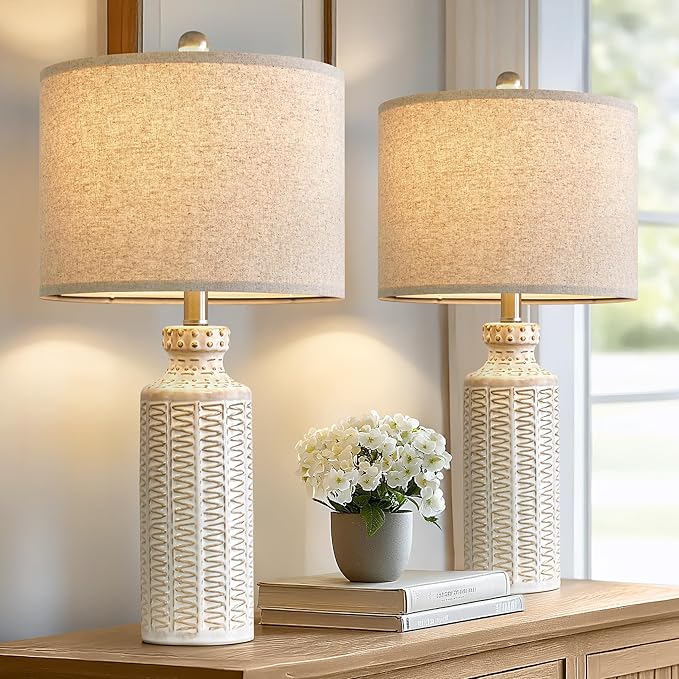 24.75'' Farmhouse Ceramic Table Lamp Set of 2 for Bedroom Living Room Vintage Traditional Rustic Modern White Nightstand Bedside Lamps - Bloomnest