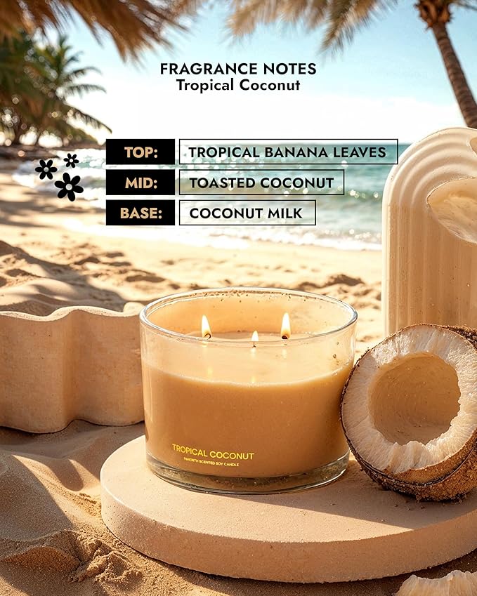 96NORTH Luxury Coconut Soy Candle | Large 3 Wick Jar Candle | Up to 50 Hours Burning Time | Tropical Beach Scented Candles for Home | 100% Natural Soy Wax | Housewarming Gift for Women and Men - Bloomnest