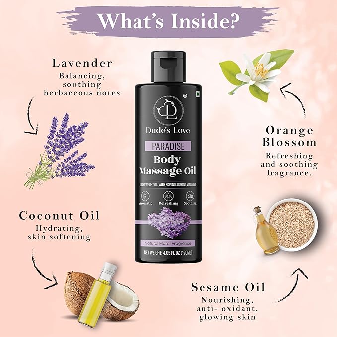 Organic - Lavender Floral Edible Full Body Massage Oil - Relaxing, Calming | No Stain & Non-Sticky |with Fractionated Coconut Oil, Orange Blossom & Lavender Oil - 4.05 Fl Oz - Bloomnest