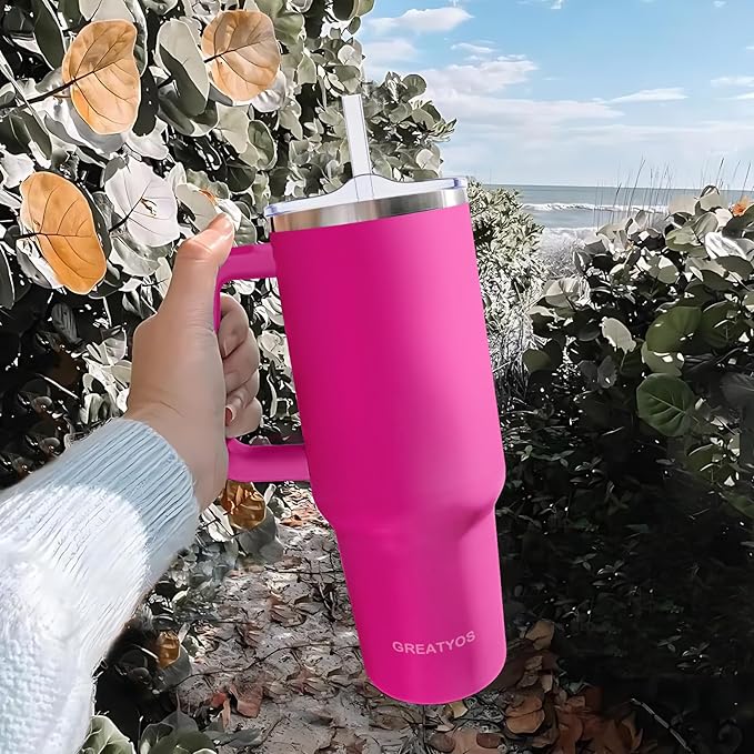 40 oz Tumbler with Handle and Straw Lid Insulated Tumblers Cups with Lids Straws Double Wall Vacuum Leak Proof Stainless Steel 40oz Tumbler Travel Mug Gifts for Men Women Him Her (Camelia) - Bloomnest