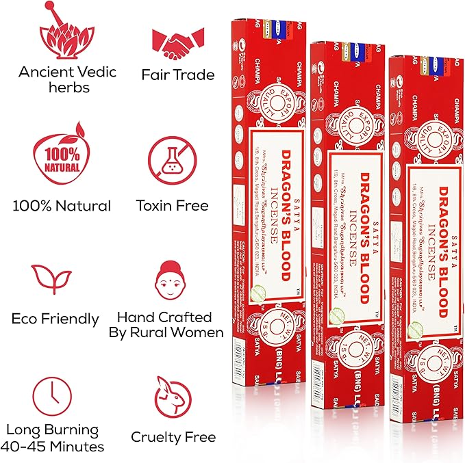 Satya Dragon Blood Incense Sticks, Satya Bng (Bangalore) Insenses 15gmx12 Pack with Raajsee Incense Holder Bundle, Satya Nag Champa Natural Incense - Bloomnest