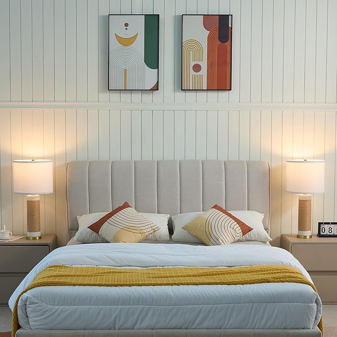 25.75” Rattan Ceramic Lamps for Living Room Set of 2, Farmhouse Table Lamp for Nightstand, White Lamps Set of 2 for Bedroom, Boho Ceramic Table Lamp for End Table - Bloomnest