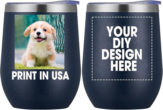 Personalized Custom Wine Tumbler Print in USA 12oz Stainless Steel Travel Coffee Cup with Lid & Straw Double Wall Insulated Mug with Colorful Text Logo Photo - Bloomnest