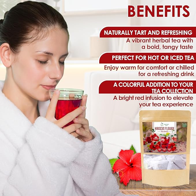 Premium Hibiscus Tea Bags - Dried Hibiscus Flower Tea Bags - 40 Teabags, 2.5g/bag), 100% Natural & Pure Hibiscus Flowers, Sugar/Caffeine/Gluten Free. Good For Your Health - Bloomnest