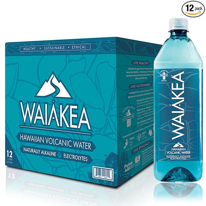 Waiakea Hawaiian Volcanic Water, Naturally Alkaline, 100% Recycled Bottle, 1L (Pack of 12), 33.8 Fl Oz (Pack of 12) - Bloomnest