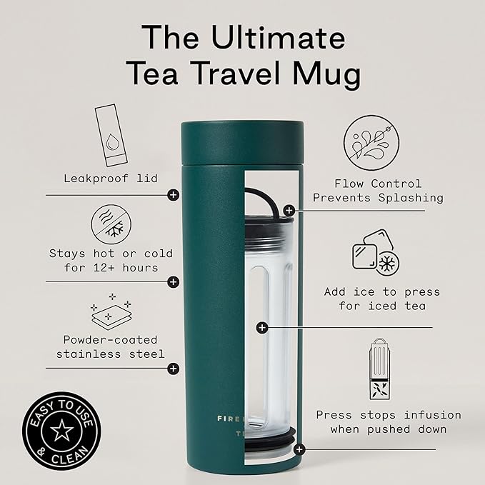 Firebelly Tea, Travel Tea Infuser Mug with Strainer, Insulated Tumbler for Loose Leaf Tea or Coffee, Leakproof Bottle for Hot or Iced Drinks, Stainless Steel Thermos with Lid, Forest - Bloomnest