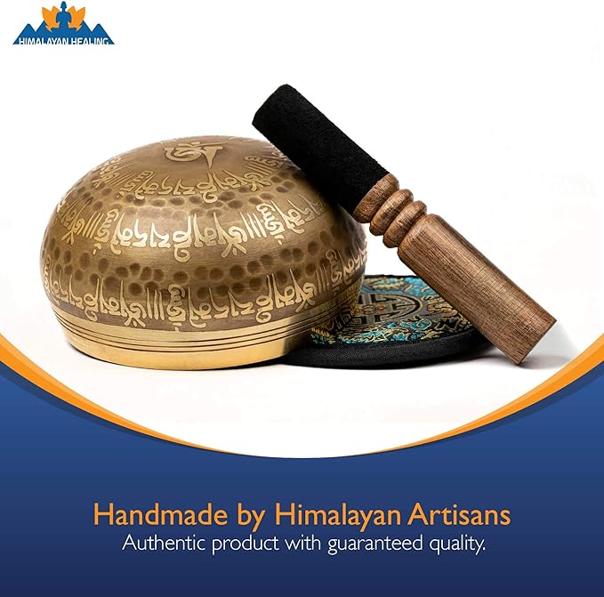 Tibetan Singing Bowl Set 4.2 inch with Holy Buddhist Mantra and Sacred Third Eye Symbol from Nepal~ Antique design suitable for Yoga, Meditation, Sound Healing & Chakra Balancing~ (4.2 Third EYE)