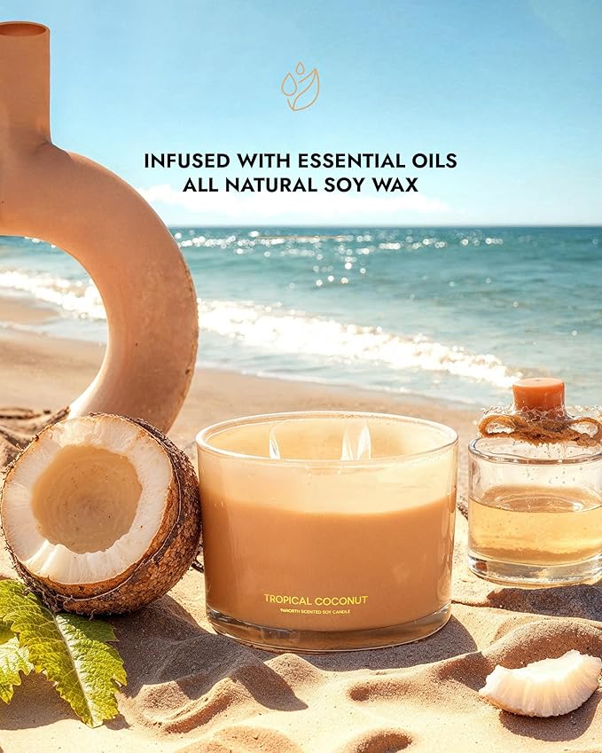 96NORTH Luxury Coconut Soy Candle | Large 3 Wick Jar Candle | Up to 50 Hours Burning Time | Tropical Beach Scented Candles for Home | 100% Natural Soy Wax | Housewarming Gift for Women and Men - Bloomnest