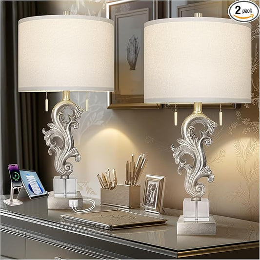 Scenekoy Table Lamp Set of 2 with USB Ports, Pull Chains Switch, 27” Silver Leaf Sculptural Bedside Lamps with Linen Shade for Living Room Bedroom, Nightstand Lamps for Home Room Decor - Bloomnest