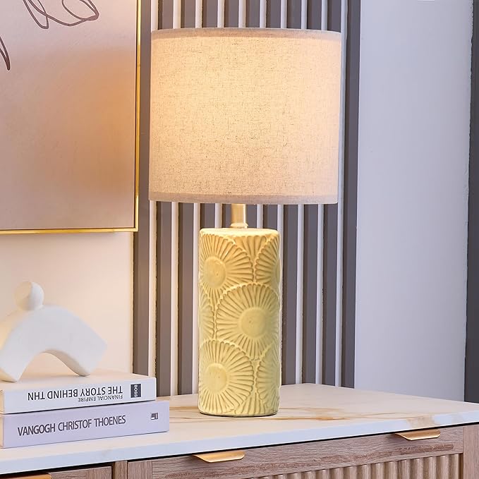 20.75" Ceramic Table Lamps for Living Room Set of 2, Yellow Flower Lamps for Bedroom Set of 2, Ceramic Bedside Lamp for Nightstand, Farmhouse Rustic Table Lamp for Home Decor - Bloomnest