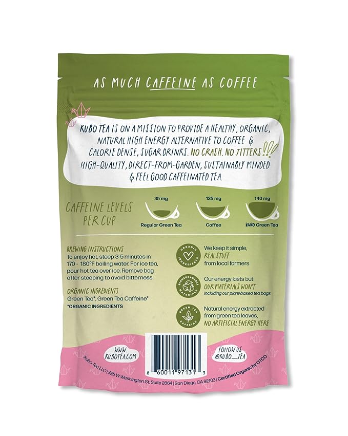 Kubo Tea Japanese Sencha Matcha Tea - Organic High Caffeine Energy Blend w/ Matcha Powder - 20 Pillow Tea Bags (140mg Caffeine each) - Coffee Substitute for Hot & Iced Drinks, Biodegradable & Compostable Packaging - Bloomnest