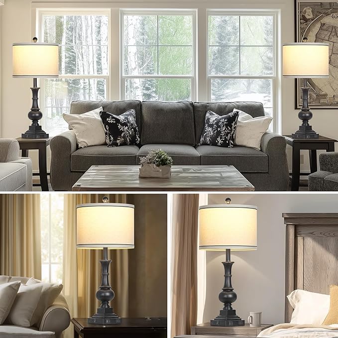 Farmhouse Table Lamps Set of 2, Vintage Bedside Lamps with USB A+C Charging Ports & AC Outlet, 26" Rustic Nightstand Lamp for Living Room Bedroom End Table Wash Black(2 LED Bulbs Included) - Bloomnest