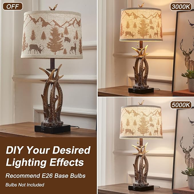 Farmhouse Deer Antler Table Lamps Set of 2 Rustic Western Bedside Lamp with USB A+C & Outlet for Log Cabin Bedroom Hunting Themed Living Room End Table Country Home decor,Deer Print Linen Fabric Shade - Bloomnest