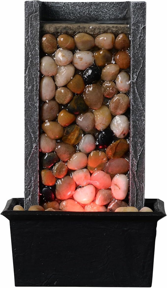 Kalona Tabletop Waterfall Fountain Pebble Indoor Water Feature with Coloured LED Lights for Home, Office & Desk Decor - Soothing Sound Small Relaxing Fountain(24367A) - Bloomnest