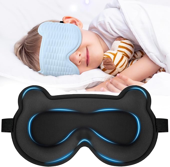 Kids Sleep Mask, 3D Sleeping Eye Mask for Kids with Adjustable Elastic Strap, Bear Shape Eye Cover with Memory Foam, Soft & Light-Blocking, Gift for Boys Girls Teens Age 5–15 (Blue) - Bloomnest