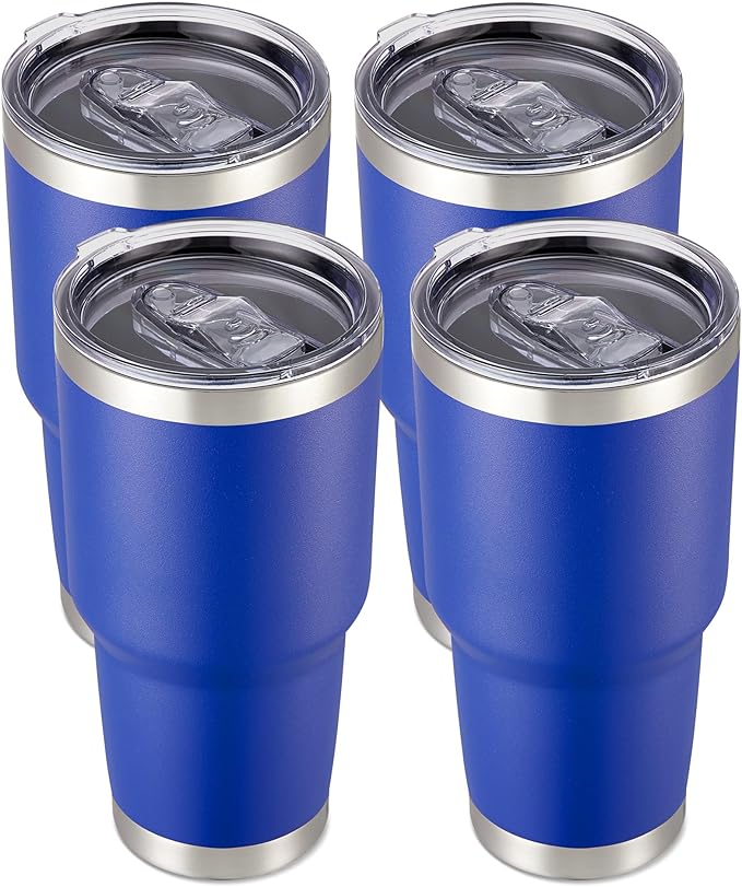 30 oz Tumbler with Lid Stainless Steel Tumblers Bulk Vacuum Insulated Cup Reusable Powder Coated Travel Mug Double Wall Leak Proof Cups Keep Cold Drinks for 12 Hours Blue, Set of 4