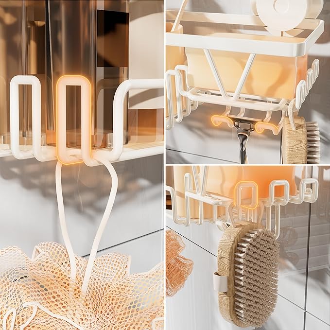 KEGII Shower Caddy Suction Cup with Soap Holder and Hooks, Removable Suction Bathroom Organizer Shelf, No Drilling Shower Organizer, Stainless Steel Shampoo Holder for Bathroom Storage, Cream White - Bloomnest