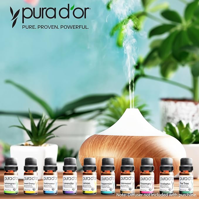 PURA D'OR Organic Perfect10 Essential Oils Set - 10x 10mL Wood Box Aromatherapy Gift Set - 100% Pure Therapeutic Grade for Relaxation and Wellness (Lavender, Peppermint, Eucalyptus, Tea Tree & More) - Bloomnest