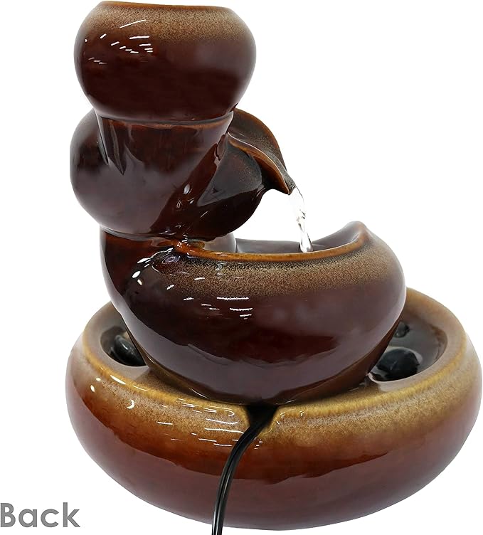 Sunnydaze Tiered Vessels Ceramic Tabletop Water Fountain - Relaxing Indoor Fountain for Office, Bedroom, or Living Room - Brown
