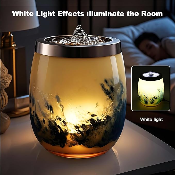 VOREEN Handblown Glass Tabletop Fountain - Art Glass Water Feature with Gentle Ambient Glow - Optional Aromatherapy for Home, Spa, Office Décor - Yellow - Bloomnest