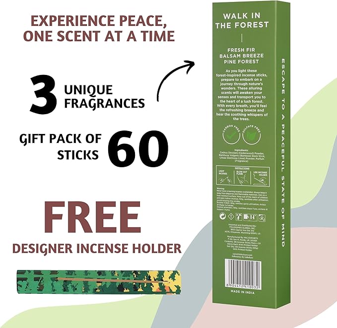 Folkulture Incense Sticks with Holder for Gift | Set of 3 Insenses (60 Insence-Sticks) | Organic Balsam Breeze, Fresh Fir | Pine Forest Non Toxic Incents, Incents or Inscents-Sticks (Forest) - Bloomnest