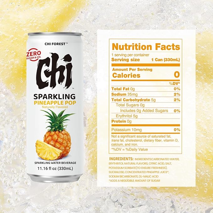 CHI FOREST Pineapple Sparkling Water Beverage, Zero Sugar Drinks, Zero Artificial Flavor, 11.16 fl oz Cans (Pack of 24) - Bloomnest